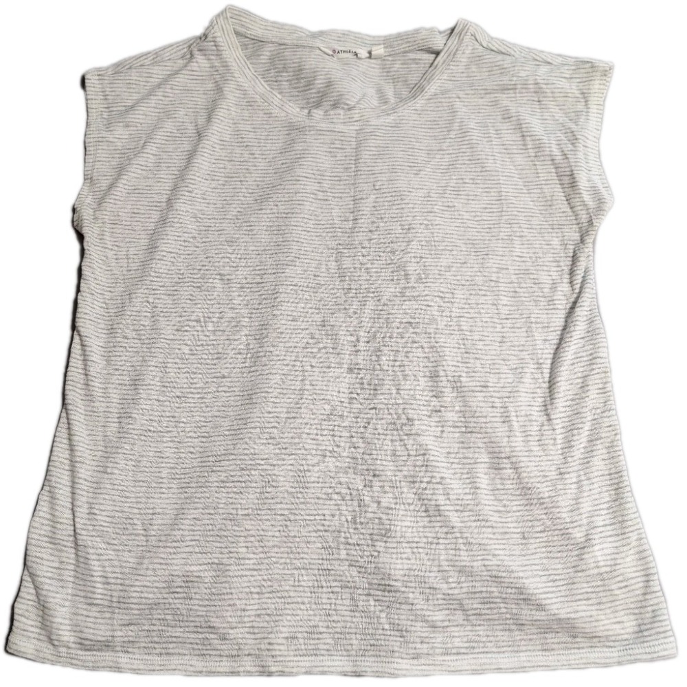 Athleta‎ Womens Large Split Back Tee Striped Gray White Short Sleeve Top